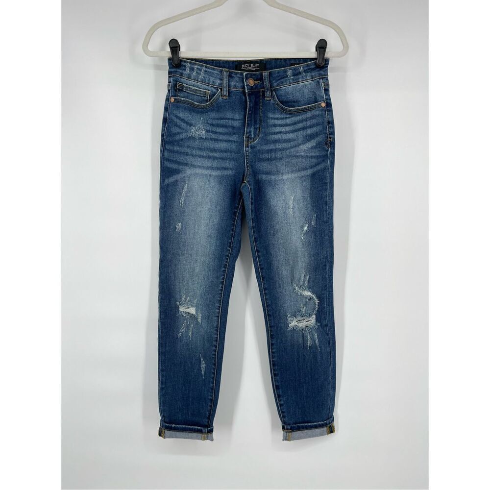 Judy Blue Jeans 27 Blue Stretch Denim Relaxed Fit Distressed Comfort Mid Rise